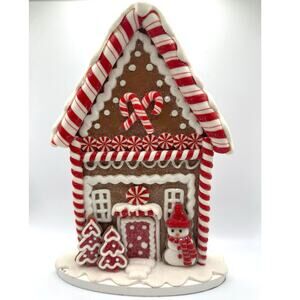 2 peppermint Candy Gingerbread Houses w/snowman & Christmas tree  9”. NWT